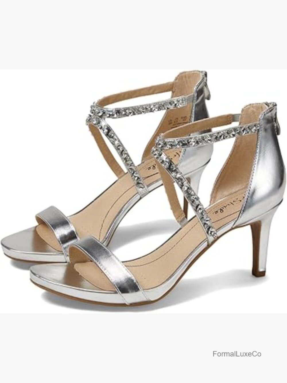 Strappy Dress Sandals with Gemstone Accents, Back Zip, 3in Heel